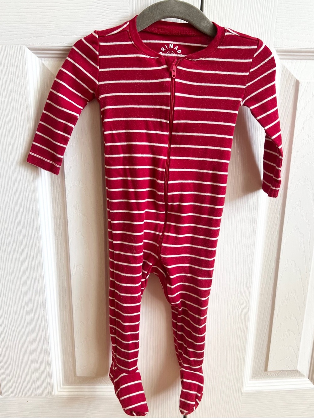 Primary Red & White Striped Footed One-Piece Zipper Romper